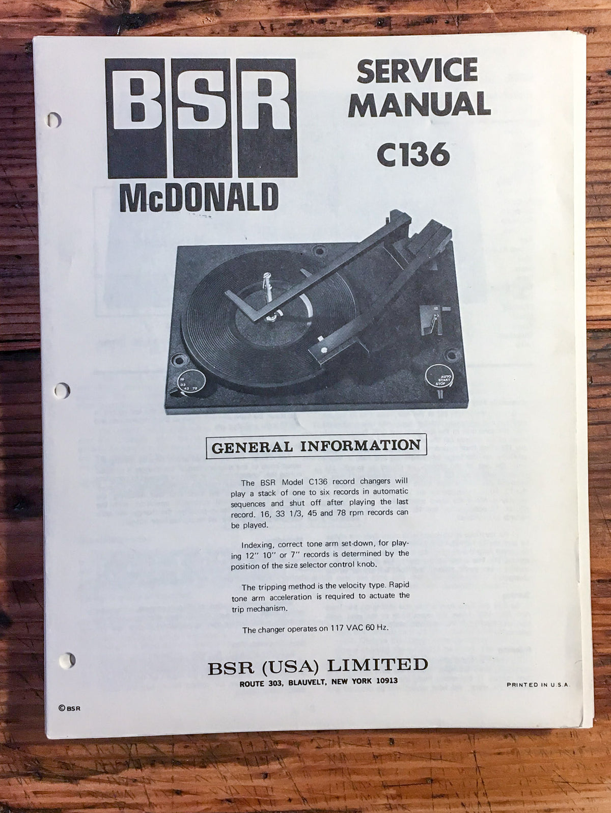 BSR / McDonald Model C136 / C-136 Record Player  Service Manual *Original*