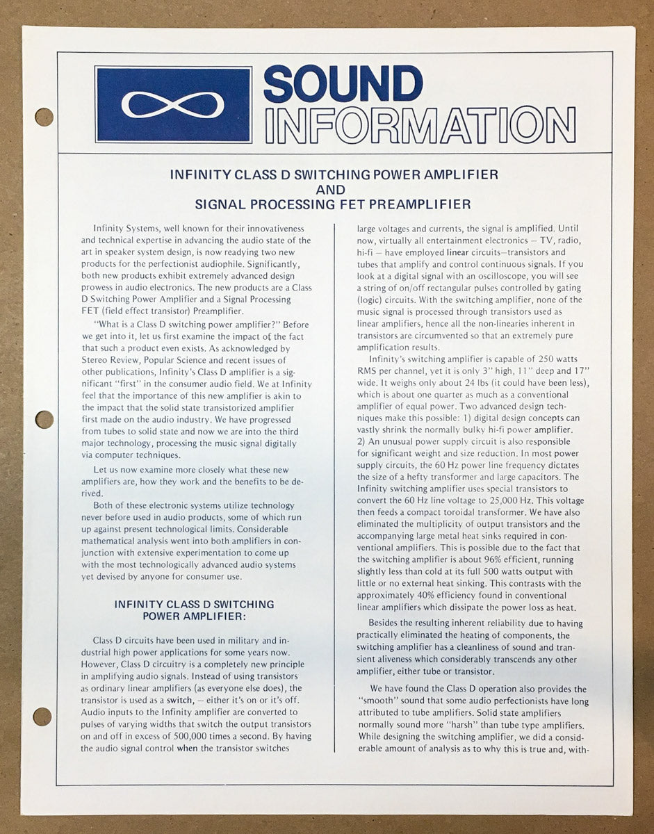 Infinity Sound Information Class D Technical  2 pg Dealer Spec Sheet *Original*