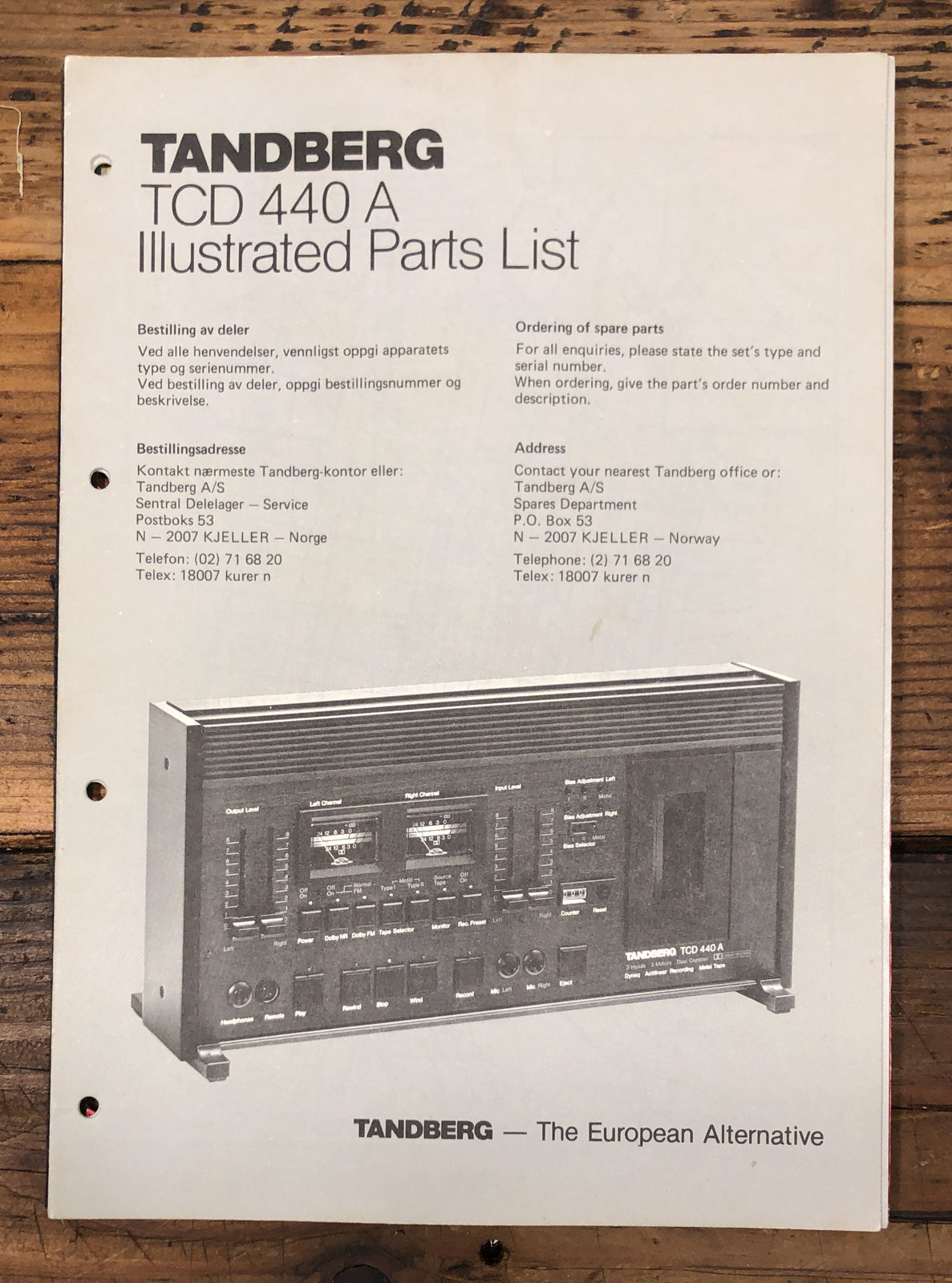Tandberg TCD-440A TCD 440 A Cassette Illustrated Parts List  *Original*
