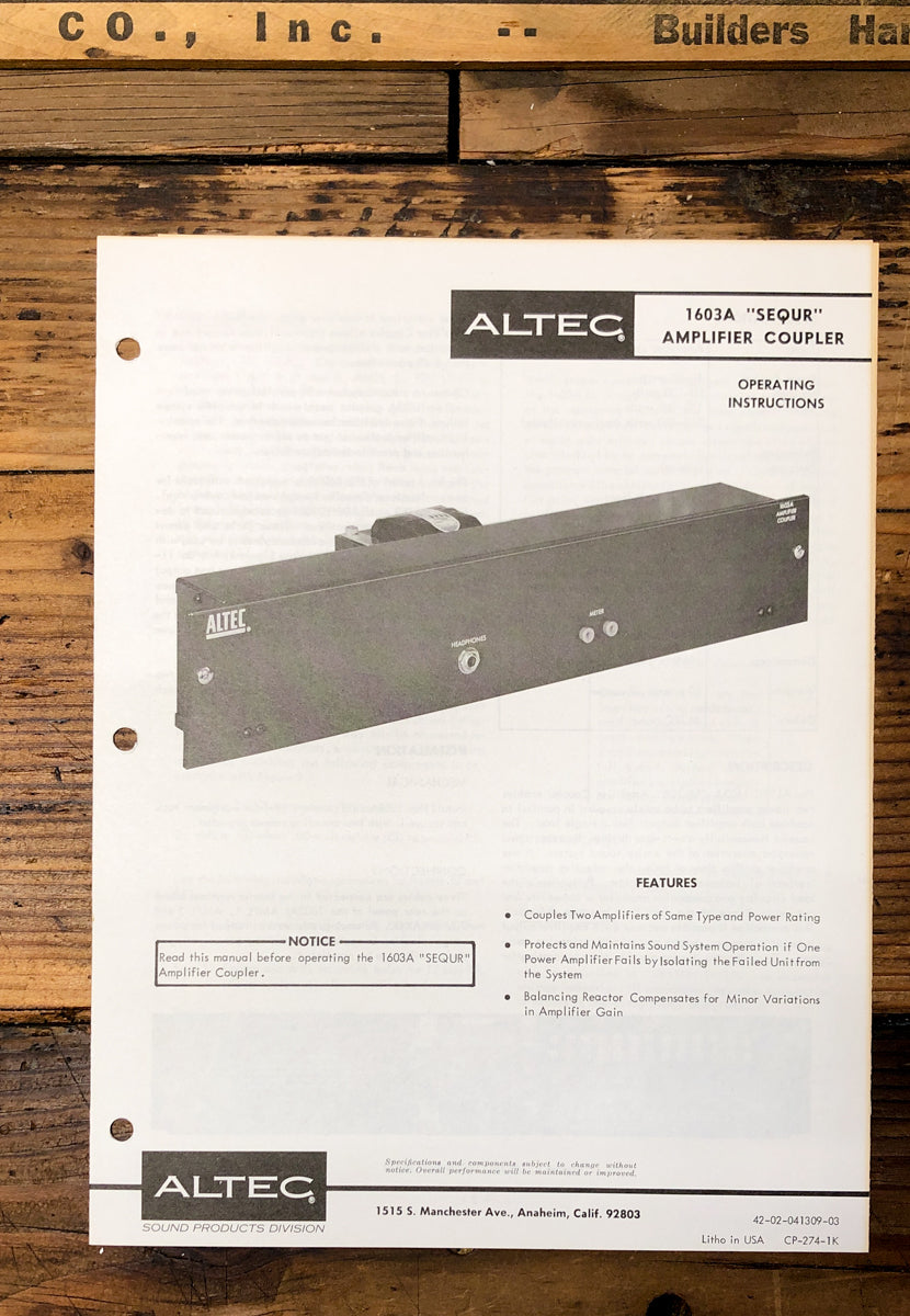Altec Model 1603 SEQUR Amplifier  Owner / User Manual *Original*