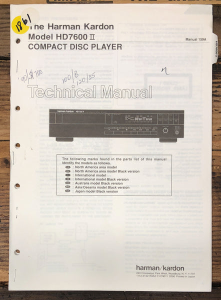 Harman Kardon HD7600 II HD-7600 MK2 CD Player  Service Manual *Original*