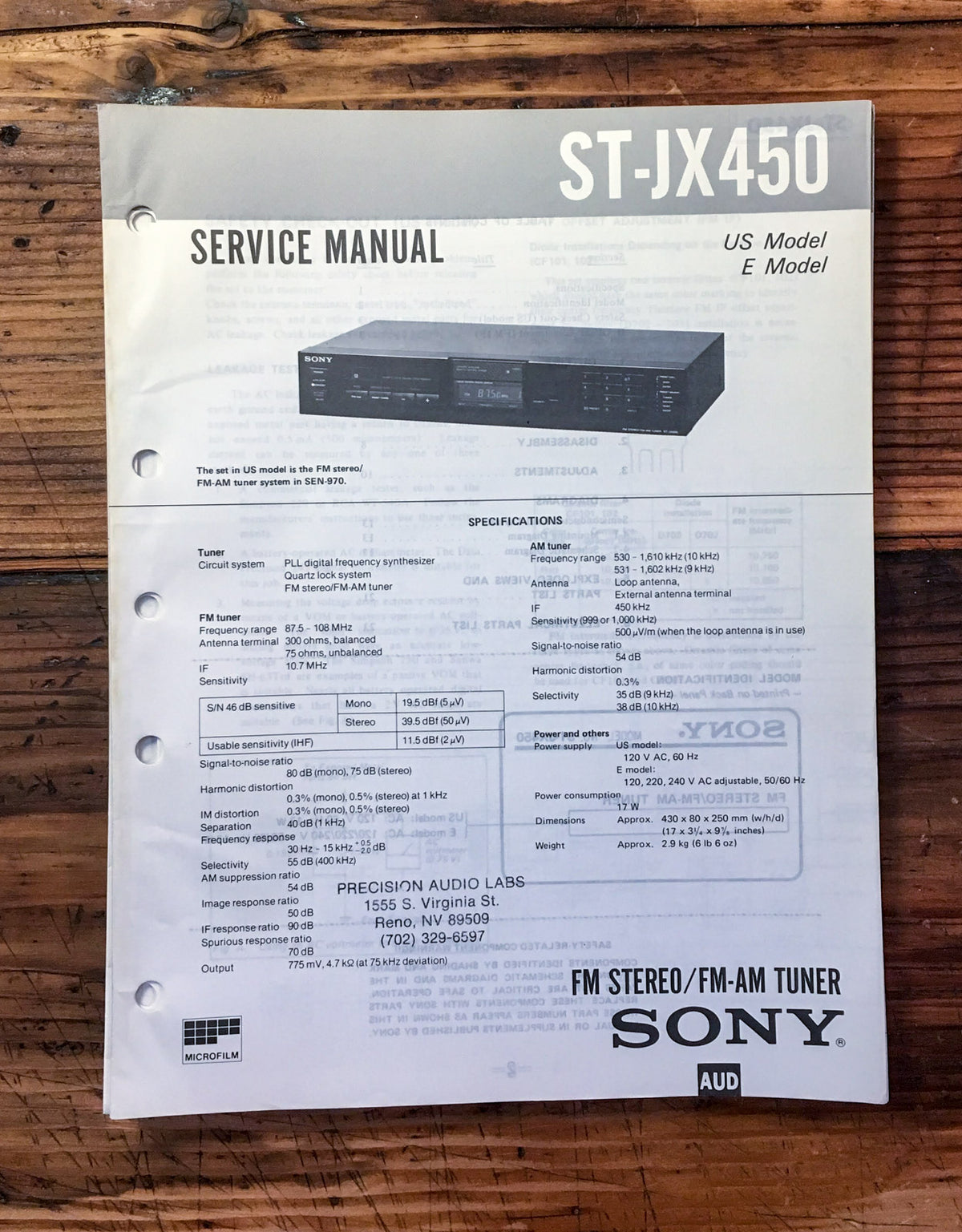 Sony ST-JX450 Tuner  Service Manual *Original*