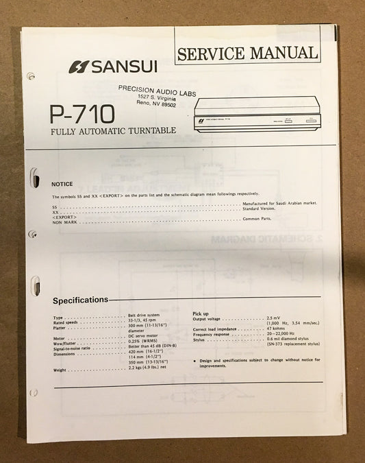 Sansui P-710 Record Player / Turntable  Service Manual *Original*