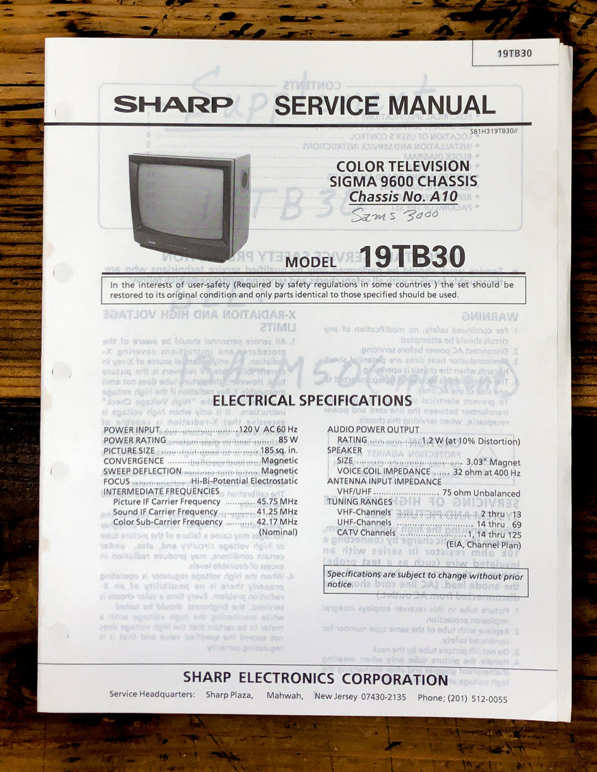 Sharp 19TB30 TV / Television Service Manual *Original*