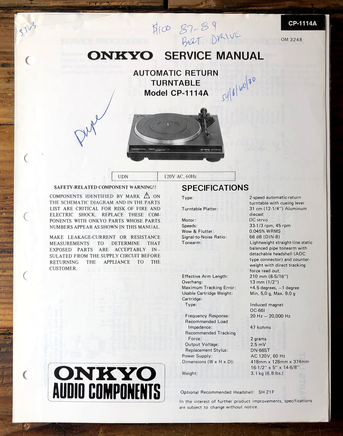 Onkyo CP-1114A Turntable Service Manual *Original*