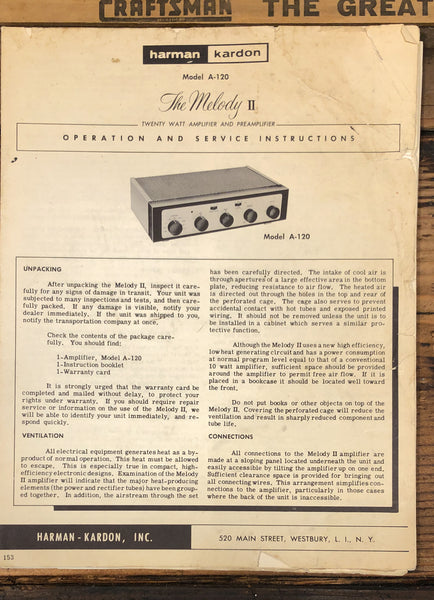 Harman Kardon Model A-120 Melody II Amplifier  Service Manual *Original* #2