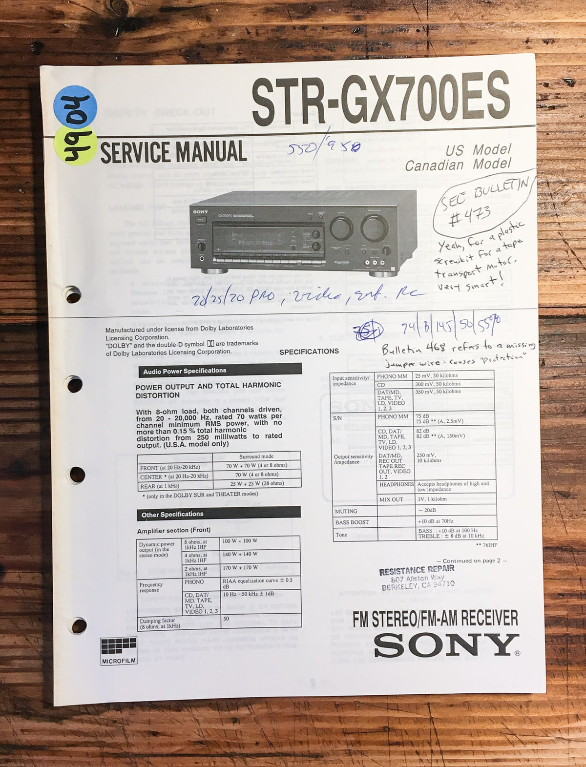 Sony STR-GX700ES Receiver  Service Manual *Original*
