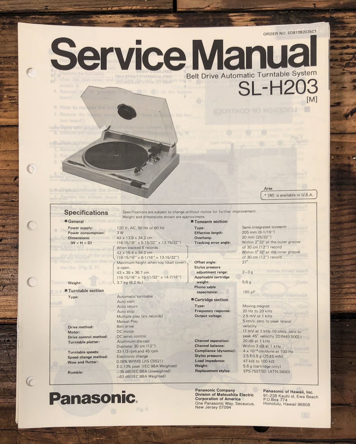 Technics / Panasonic SL-H203 Turntable  Service Manual *Original*