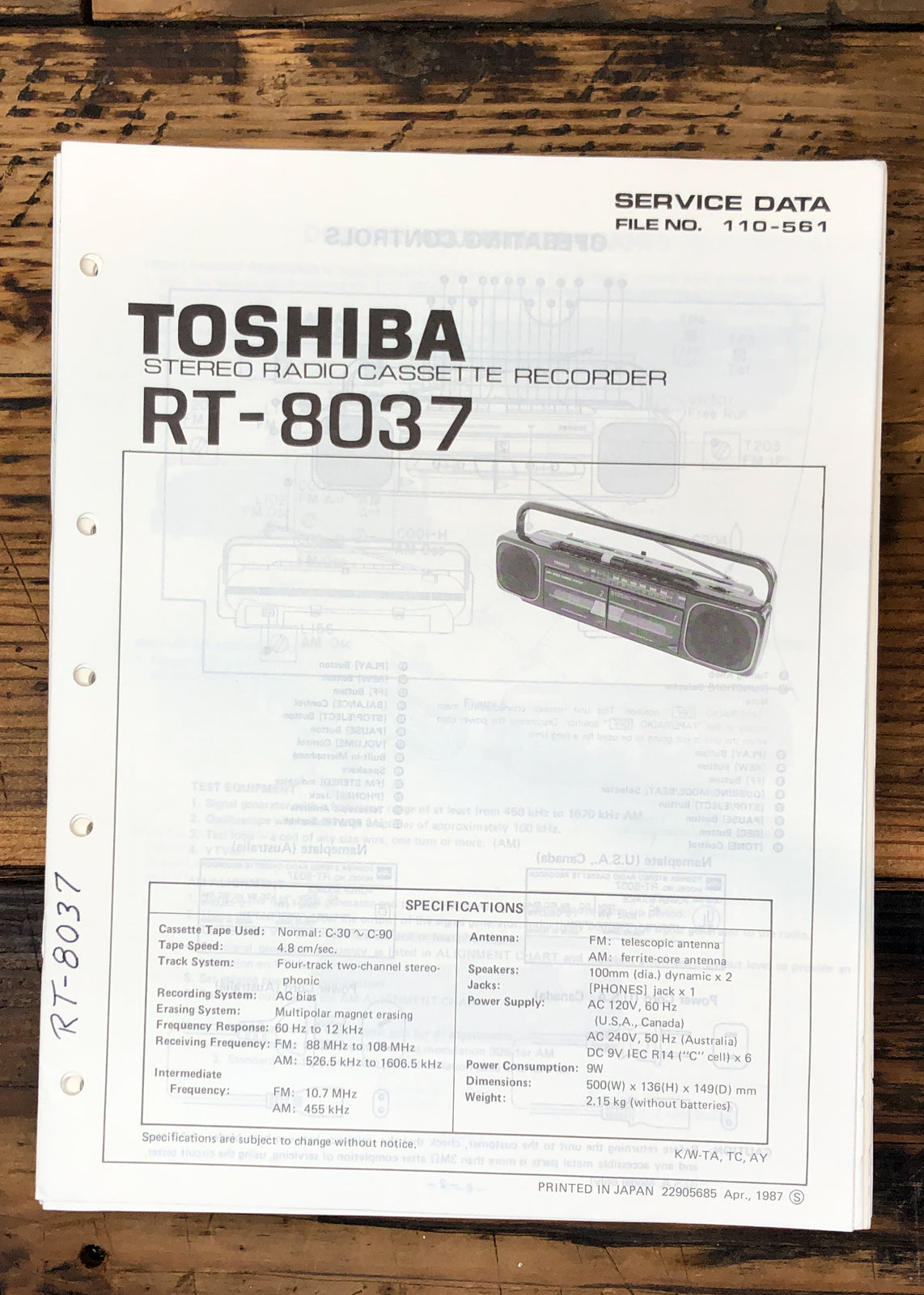 Toshiba RT-8037 Stereo Service Manual *Original*