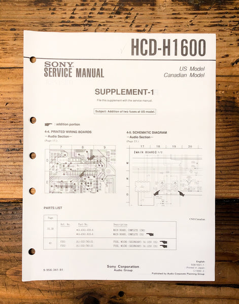 Sony HCD-H1600 Stereo Supp. Service Manual *Original*