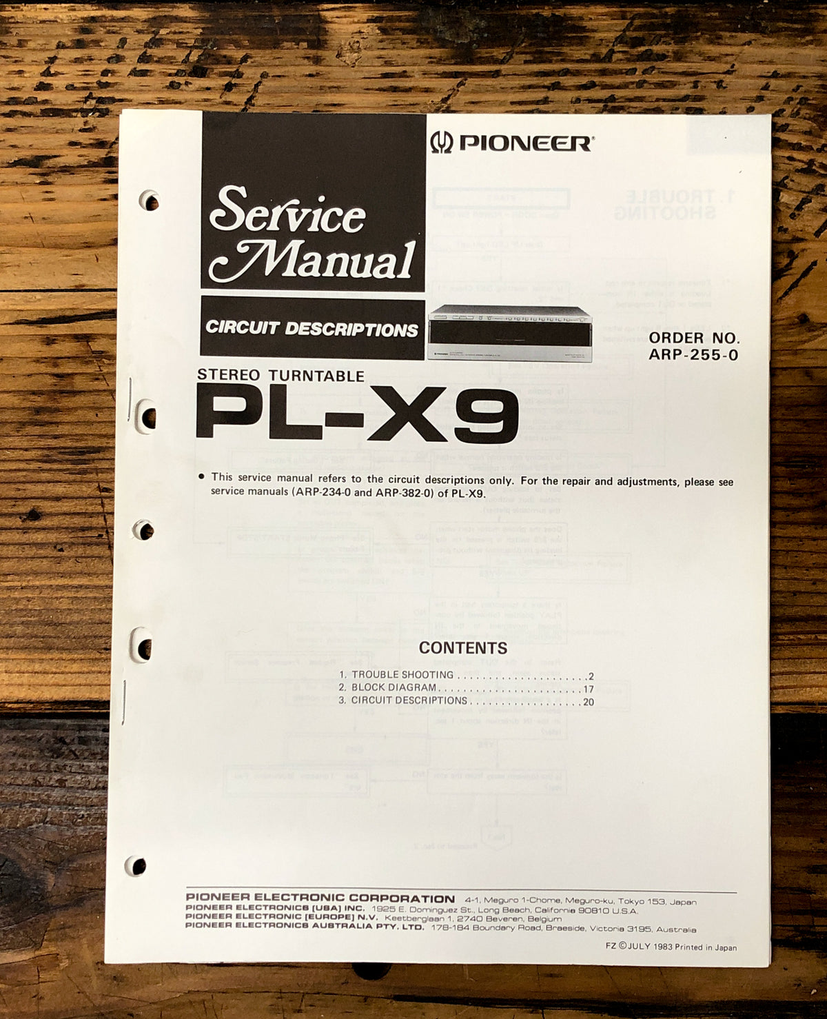 Pioneer PL-X9 Record Player / Turntable  Service Manual *Original* #2
