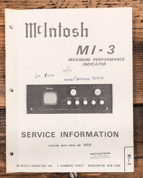 McIntosh MI-3 Mi3 Performance Indicator  Service Manual *Original*