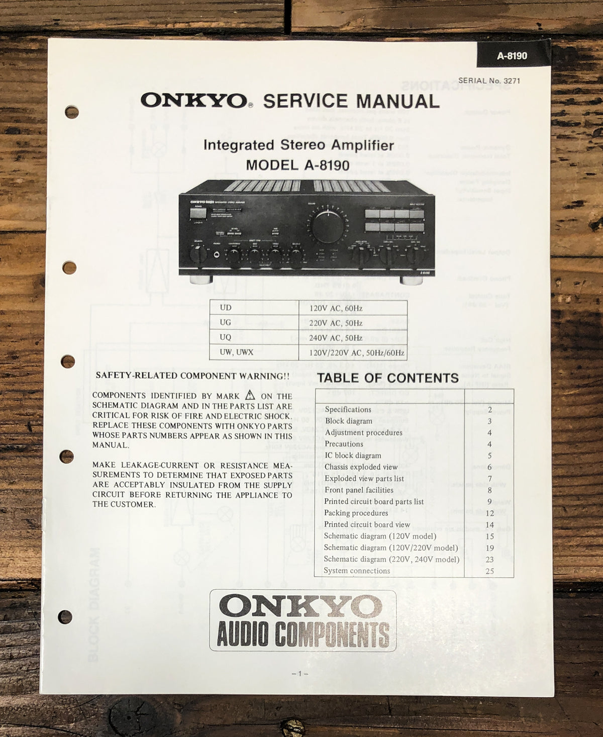 Onkyo A-8190 Amplifier  Service Manual *Original*