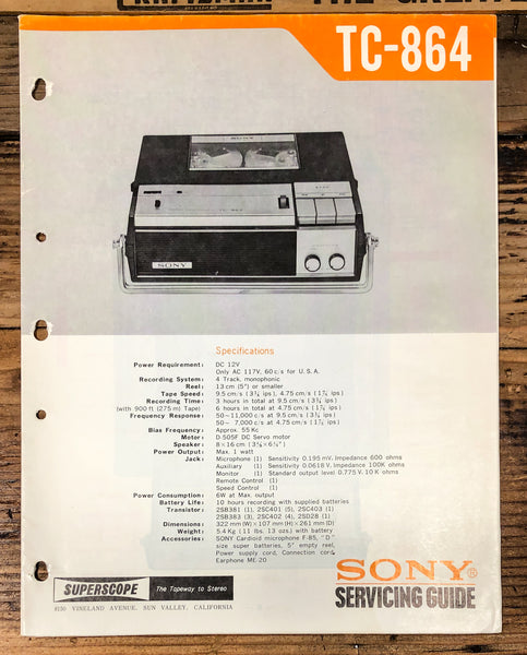 Sony TC-864 Reel to Reel  Service Manual *Original*