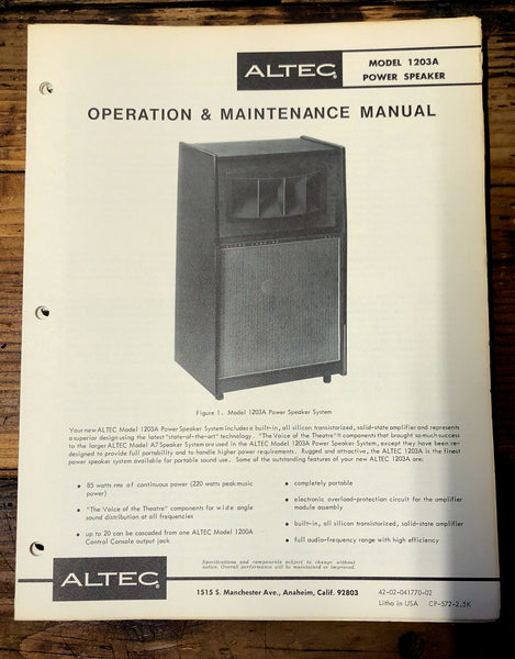 Altec Model 1203A Speaker  Owners Manual & Schematic *Orig*