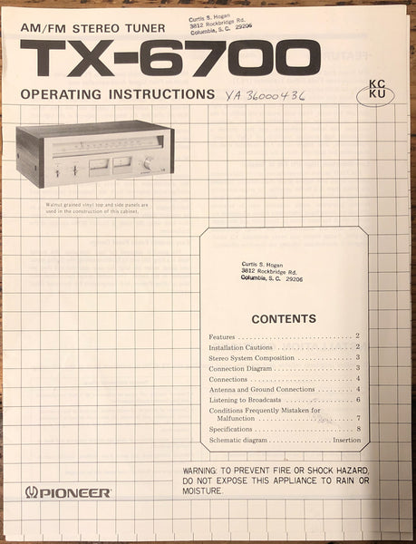 Pioneer TX-6700 Tuner  Owner / User Manual *Original*