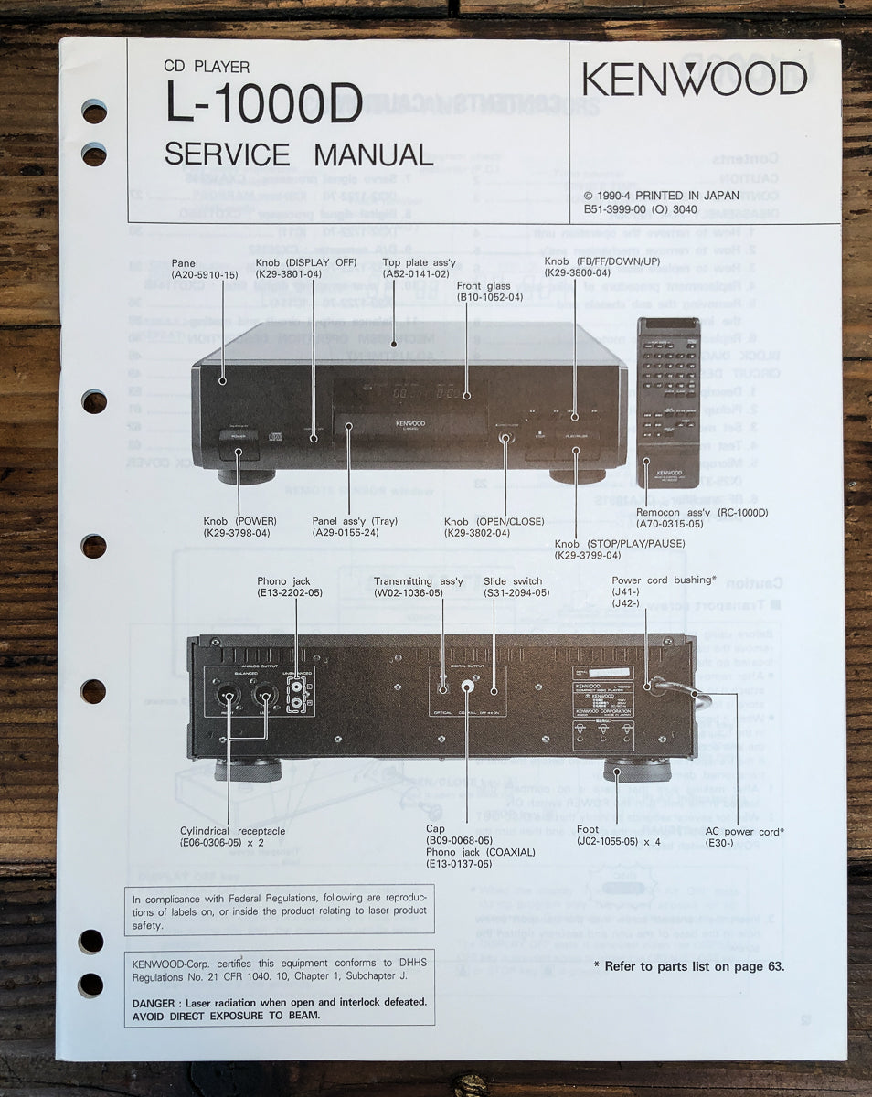 Kenwood L-1000D CD Player Service Manual *Original*