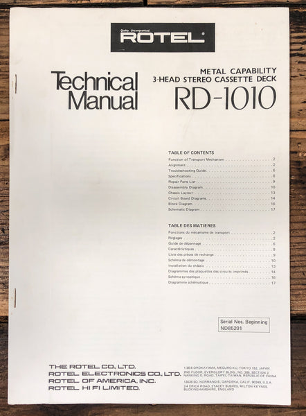 Rotel RD-1010 Cassette Service Manual *Original*
