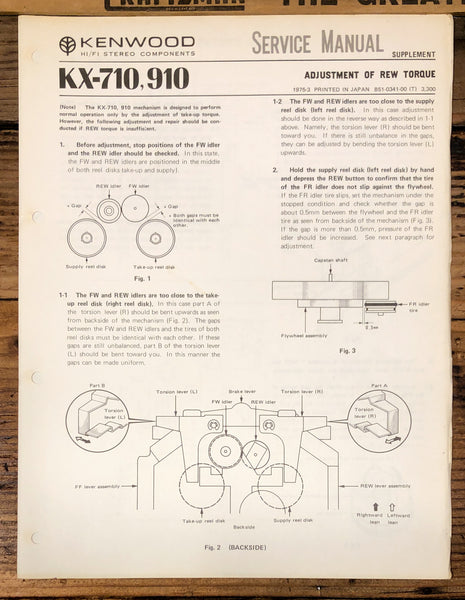 Kenwood KX-710 KX-910 Cassette Torque Adjustment Service Manual *Original*