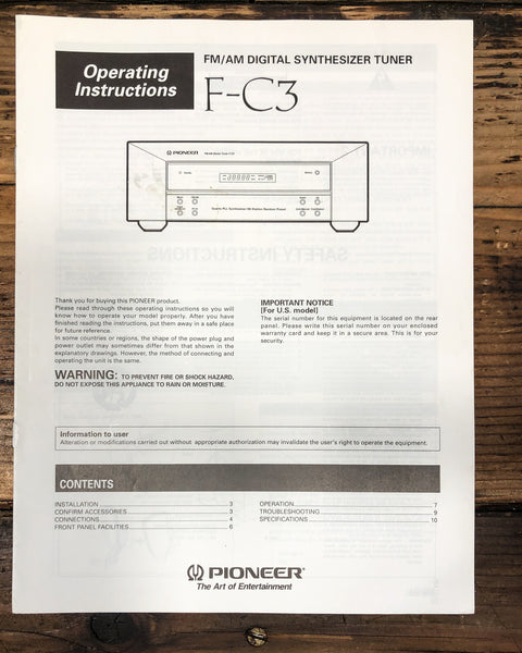 Pioneer F-C3 Tuner Owners / User Manual *Original*