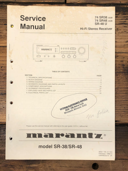 Marantz SR-38 SR-48 Receiver  Service Manual *Original*
