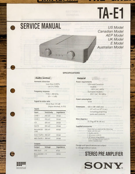 Sony TA-E1 Preamp / Preamplifier  Service Manual *Original*