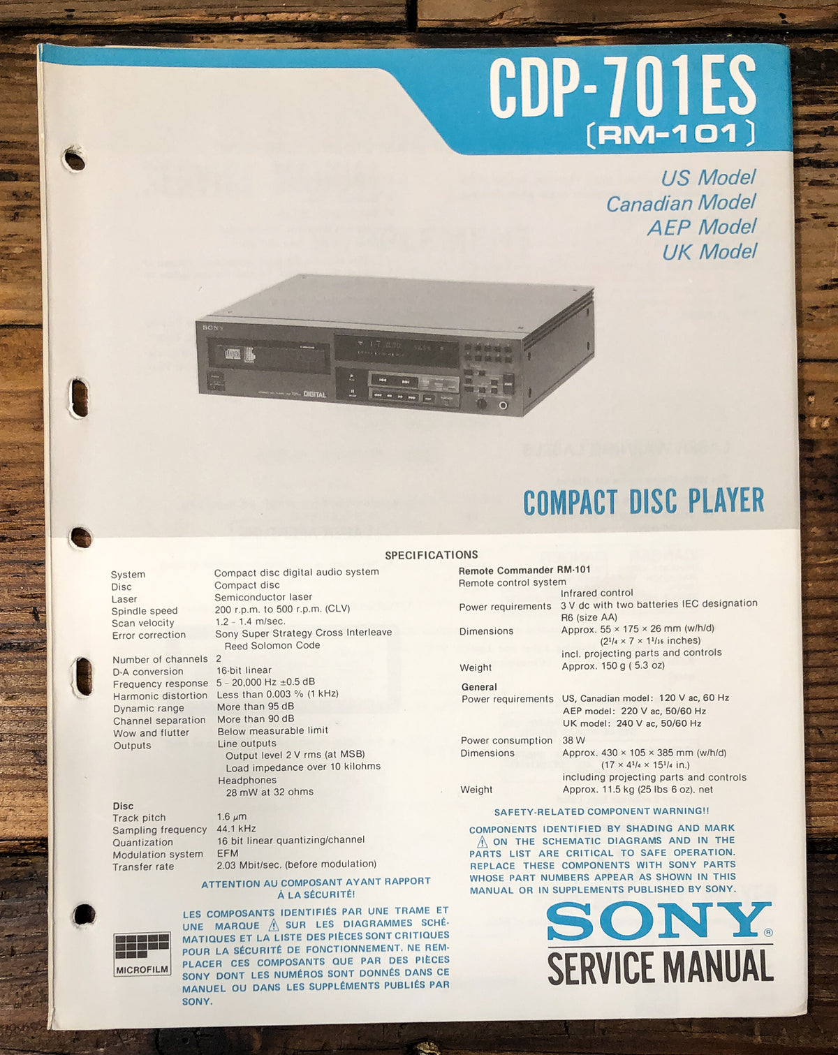 Sony CDP-701ES CD Player Service Manual *Original*