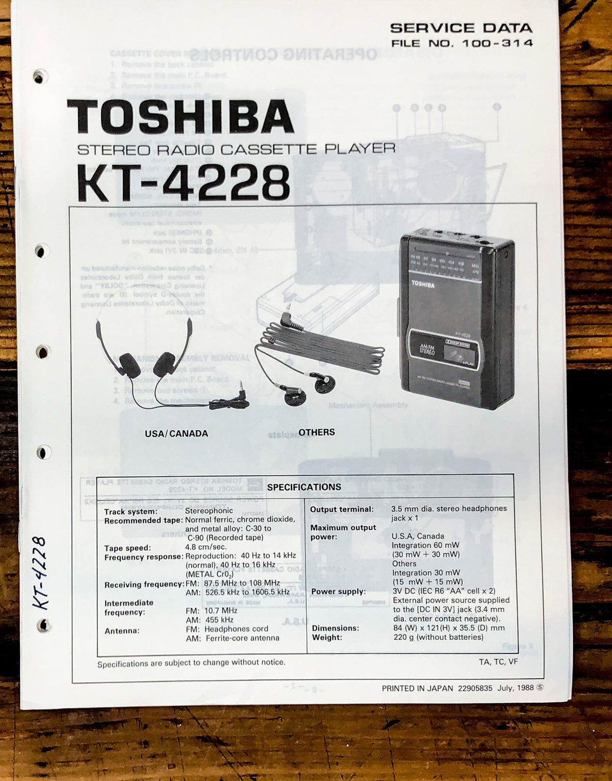 Toshiba Model KT-4228 Cassette Service Manual *Original*