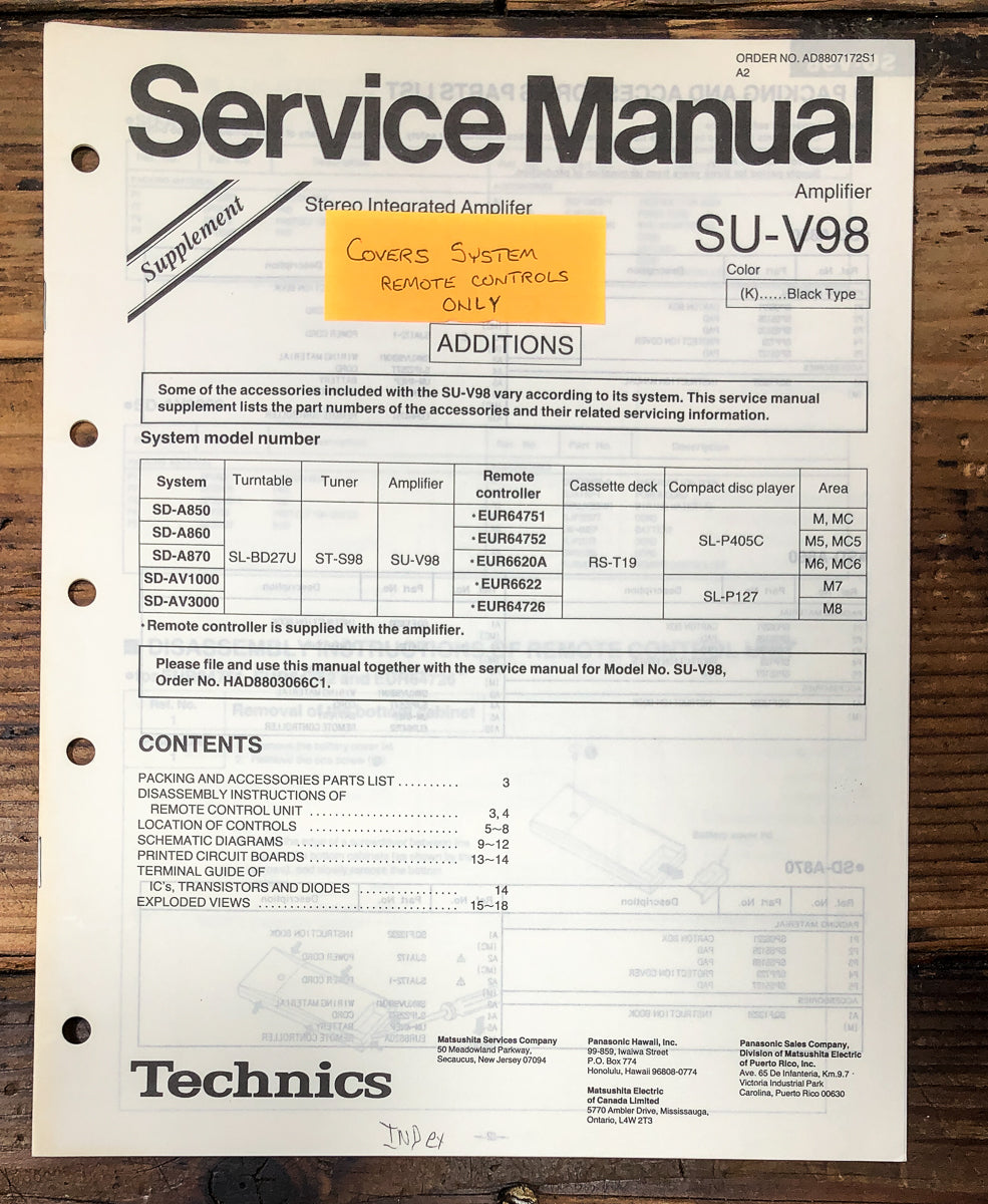 Technics SU-V98 Amplifier Supp. Service Manual *Original*