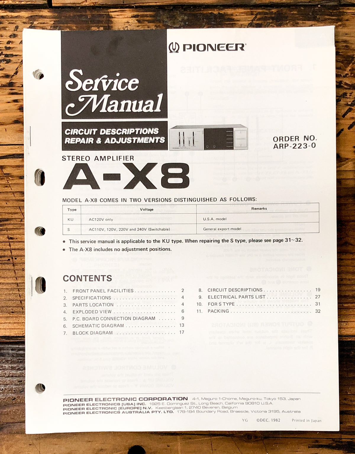 Pioneer A-X8 Amplifier Service Manual *Original*