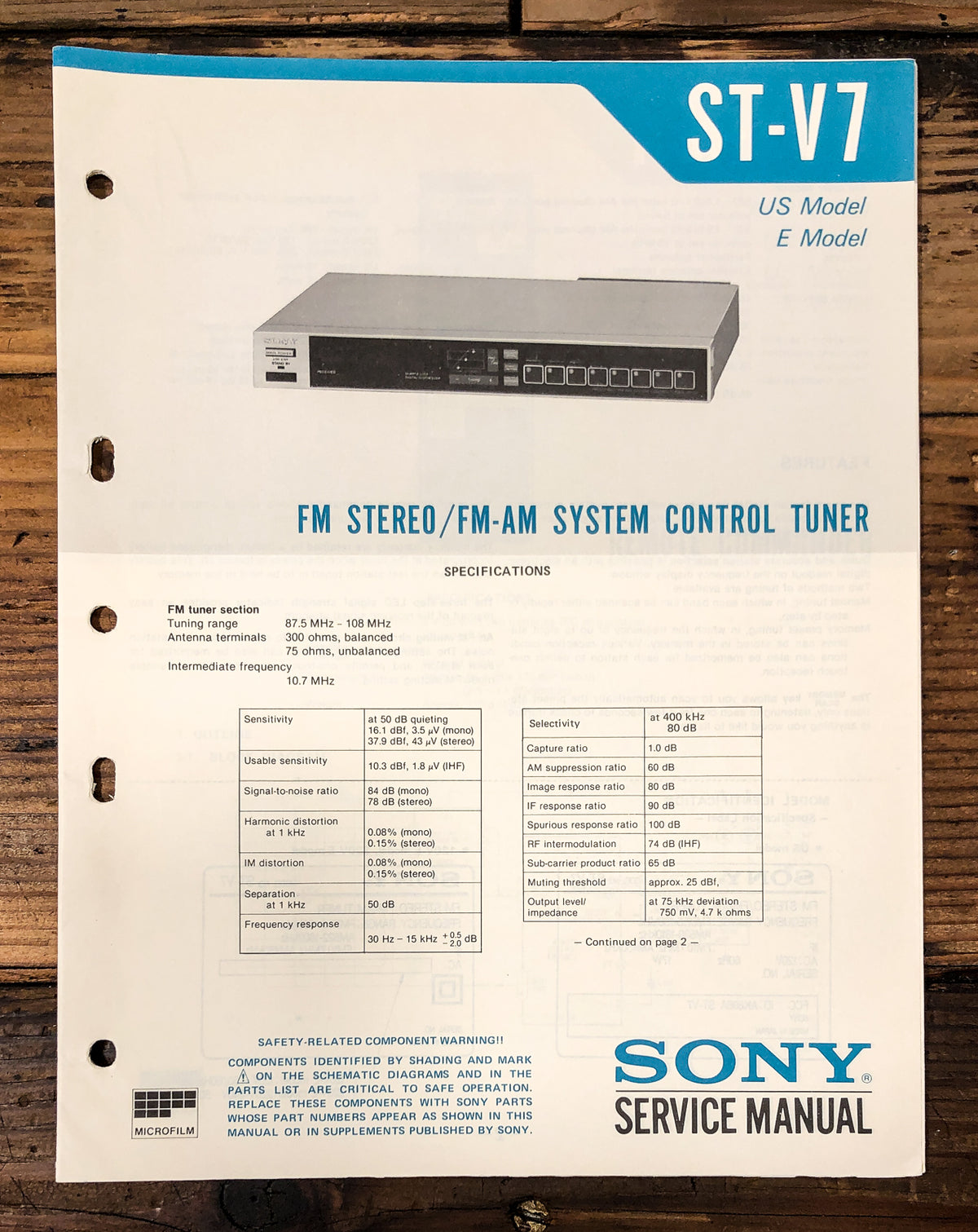 Sony ST-V7 Tuner Service Manual *Original*