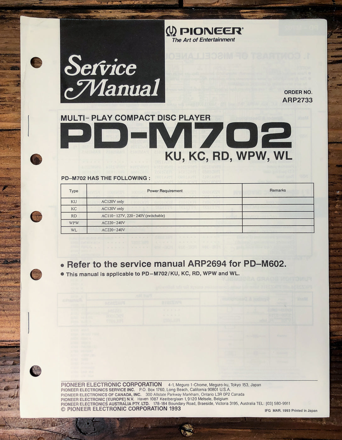 Pioneer PD-M702 CD Changer Supp. Service Manual *Original*