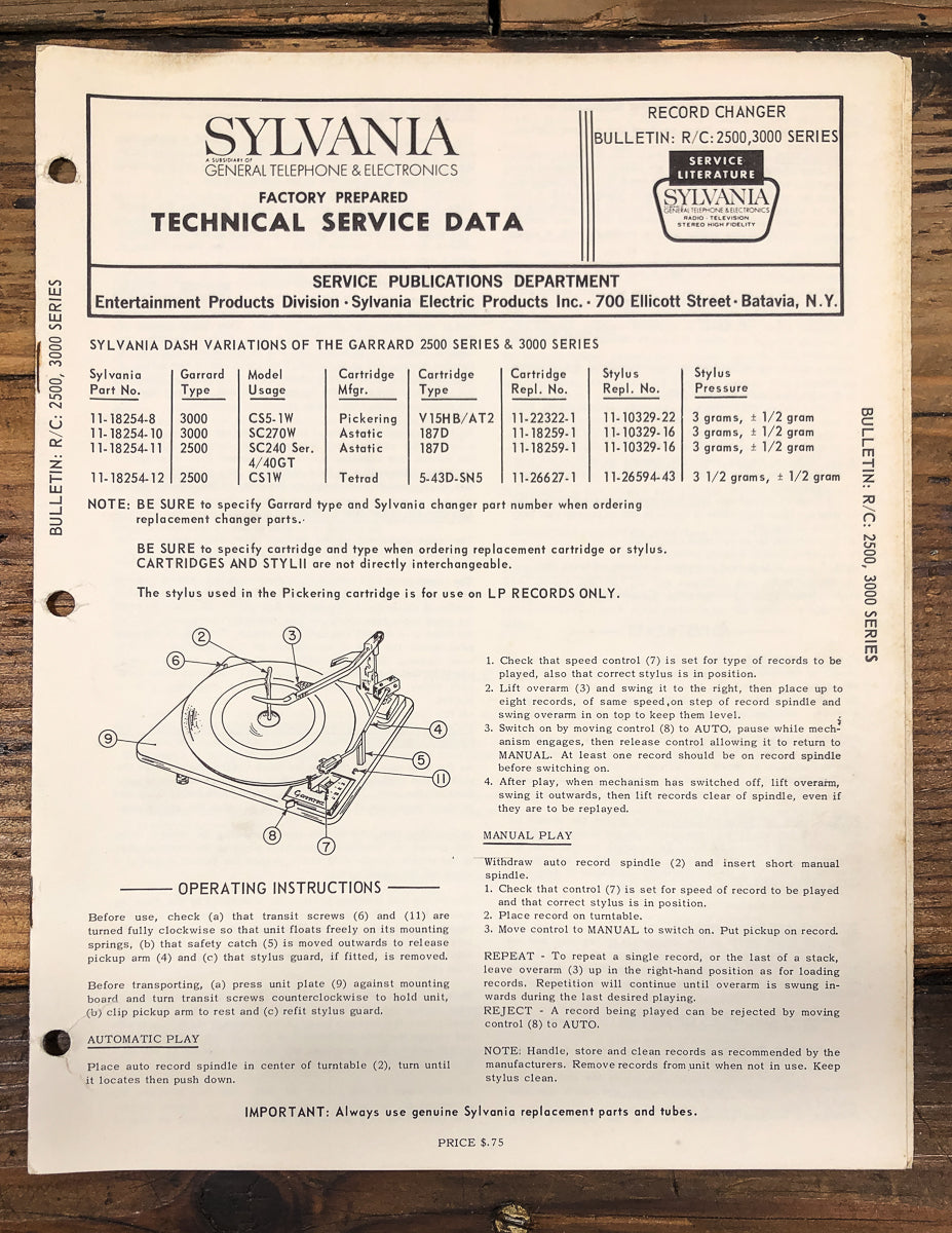 Sylvania / Garrard 2500 3000 Series Record Changer Service Manual *Original*