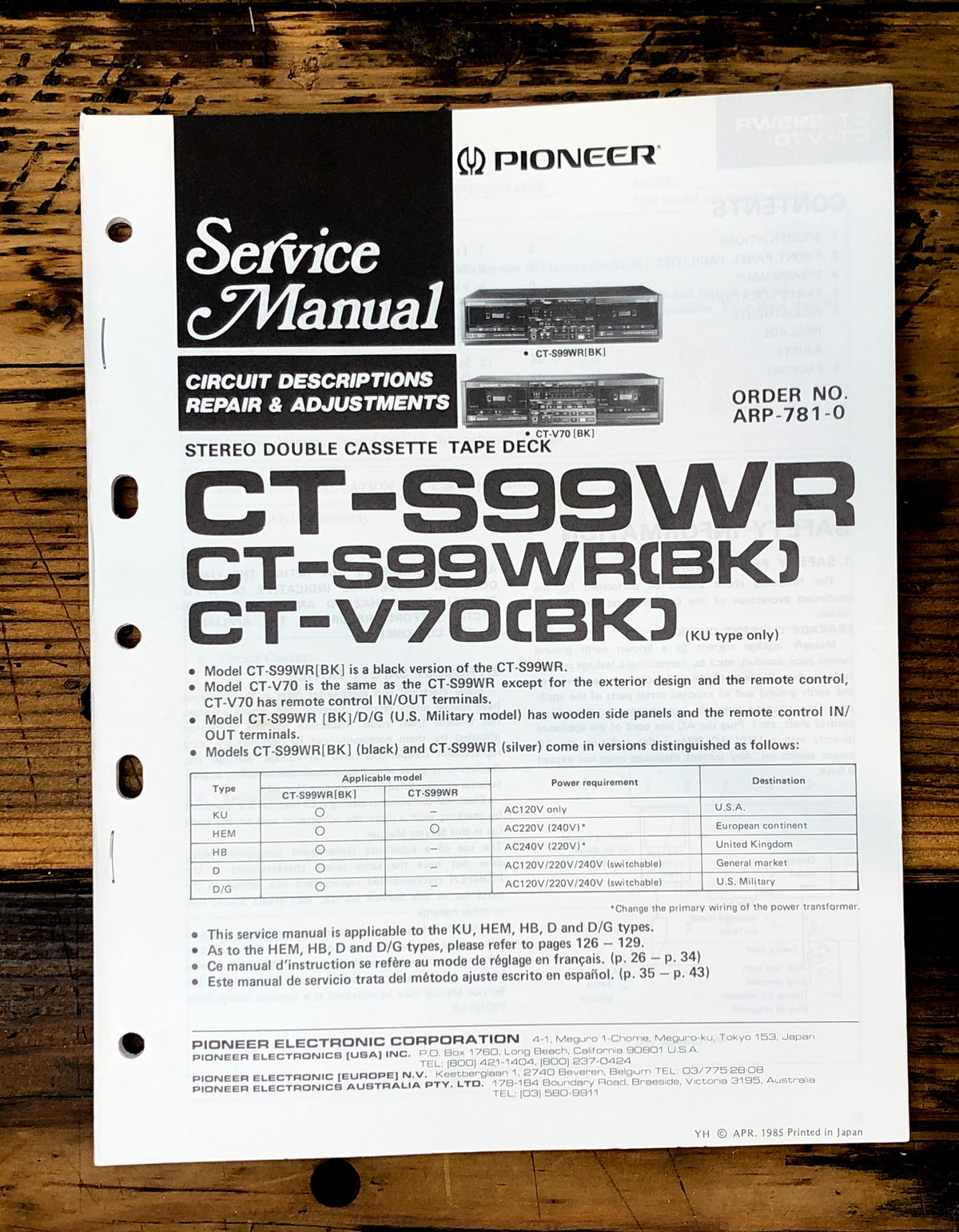 Pioneer CT-S99WR CT-S99 CT-V70 Cassette Service Manual *Original*