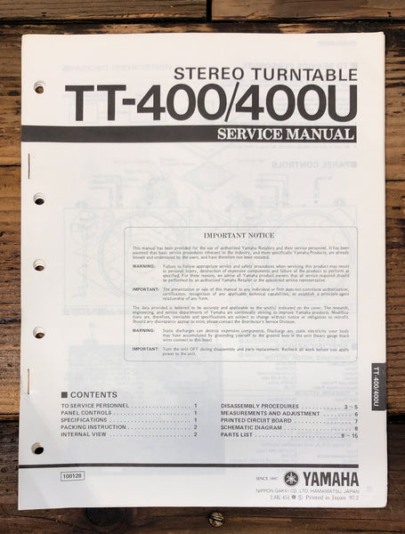 Yamaha TT-400 TT-400U RECORD PLAYER / TURNTABLE Service Manual *Original*