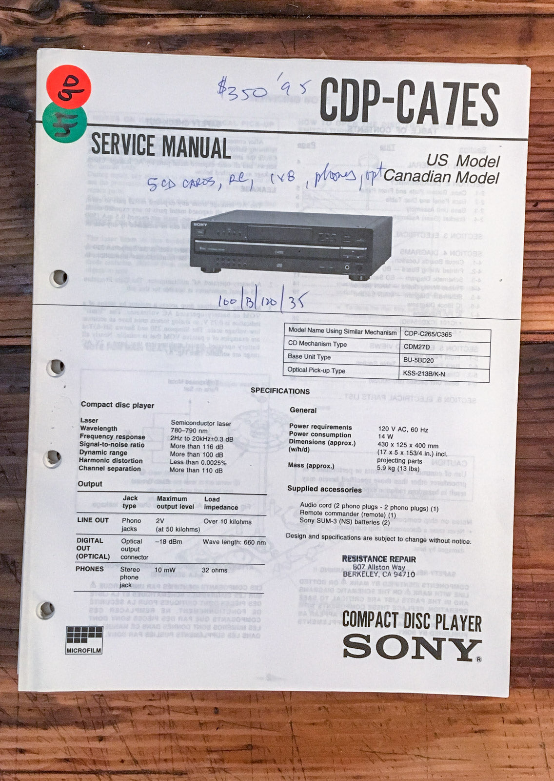 Sony CDP-CA7ES CD Player  Service Manual *Original*