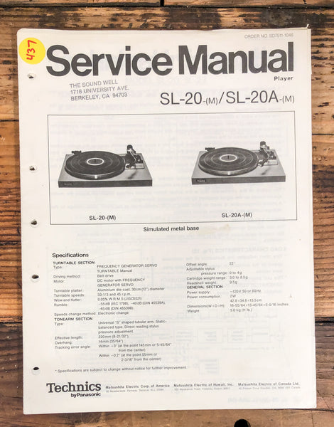 Technics SL-20 SL-20A Record Player / Turntable  Service Manual *Original*