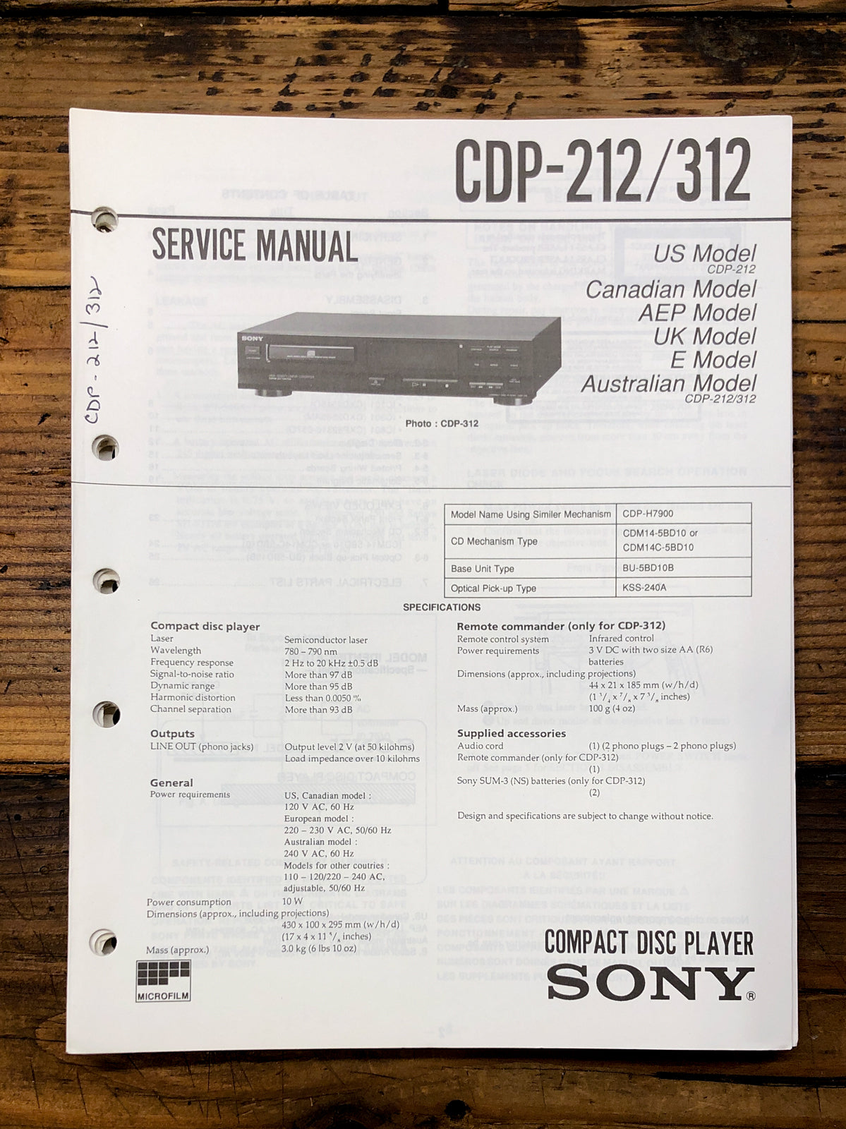 Sony CDP-212 CDP-312 CD Player  Service Manual *Original*