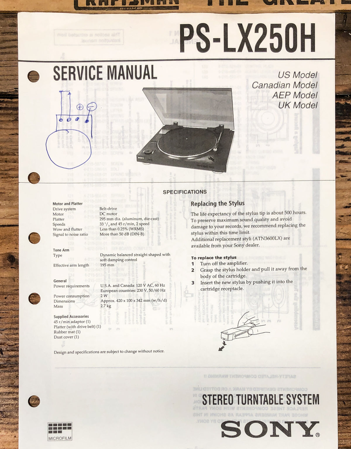 Sony PS-LX250H Record Player / Turntable  Service Manual *Original*