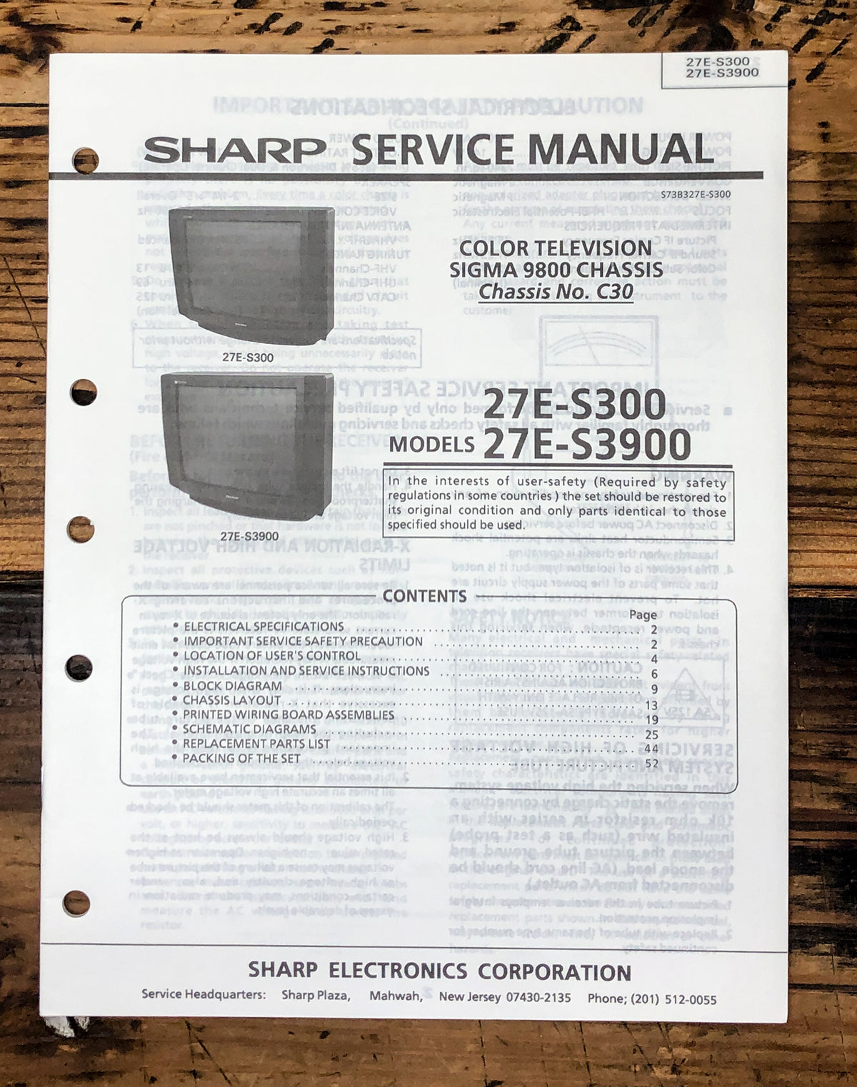 Sharp 27E-S300 27E-S3900 TV / Television Service Manual *Original*