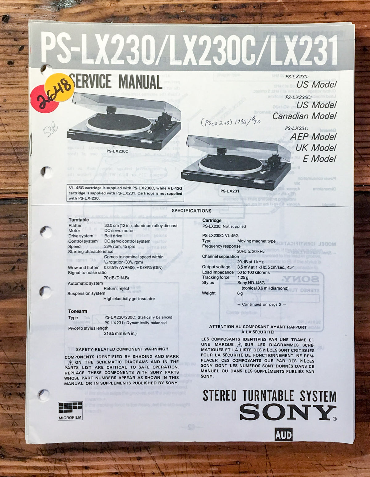 Sony PS-LX230 PS-LX230C PS-LX231 Record Player  Service Manual *Original*