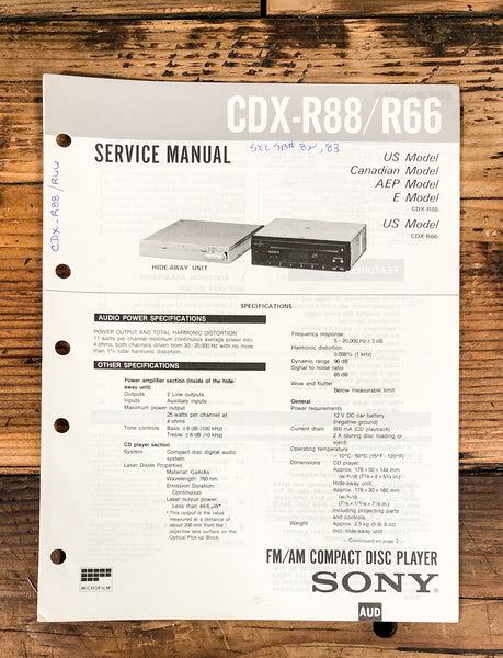 Sony CDX-R66 CDX-R88 CD Player  Service Manual *Original*