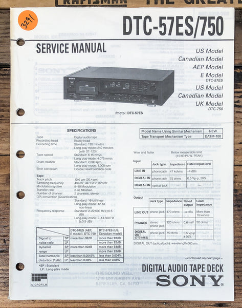 Sony DTC-57ES DTC-750 DAT Deck  Service Manual *Original*