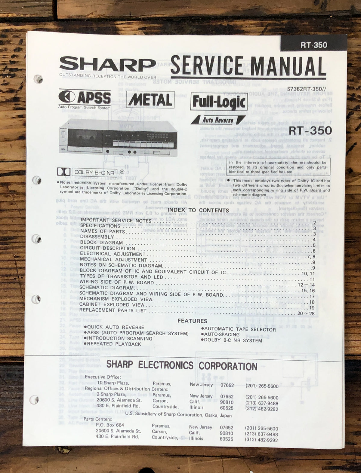 Sharp RT-350 Cassette Service Manual *Original*