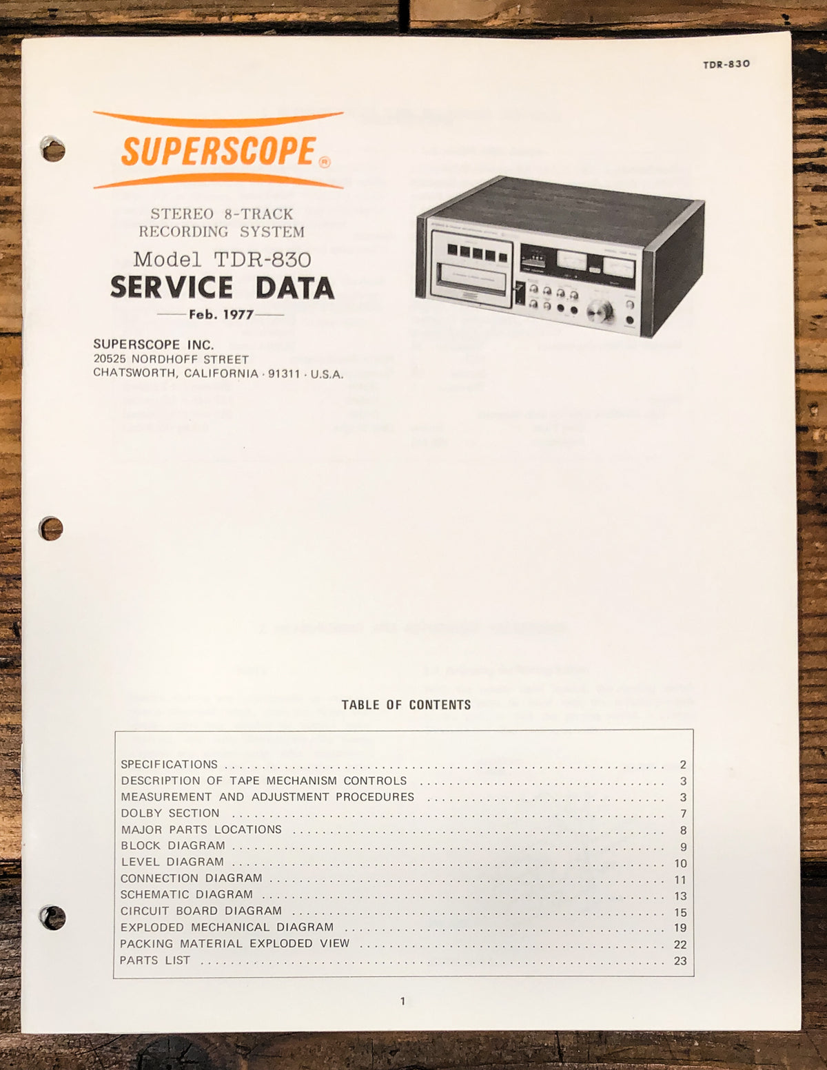 Superscope TDR-830 8 Track Service Manual *Original*