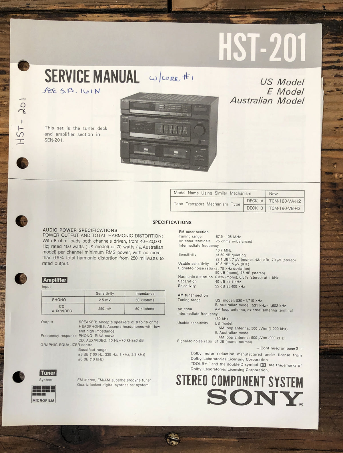 Sony HST-201 Stereo Service Manual *Original*
