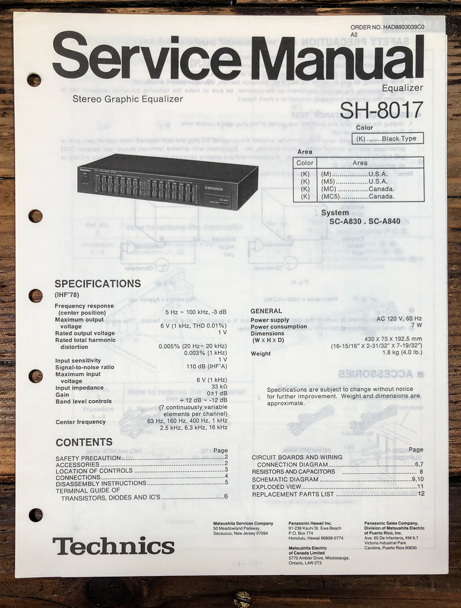 Technics SH-8017 Equalizer Service Manual *Original*