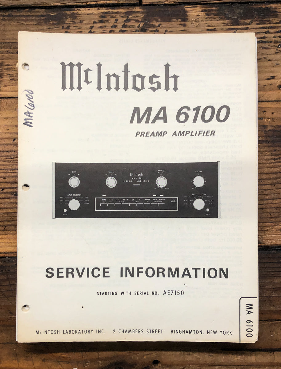 McIntosh MA6100 MA6100 Amplifier  Service Manual *Original*