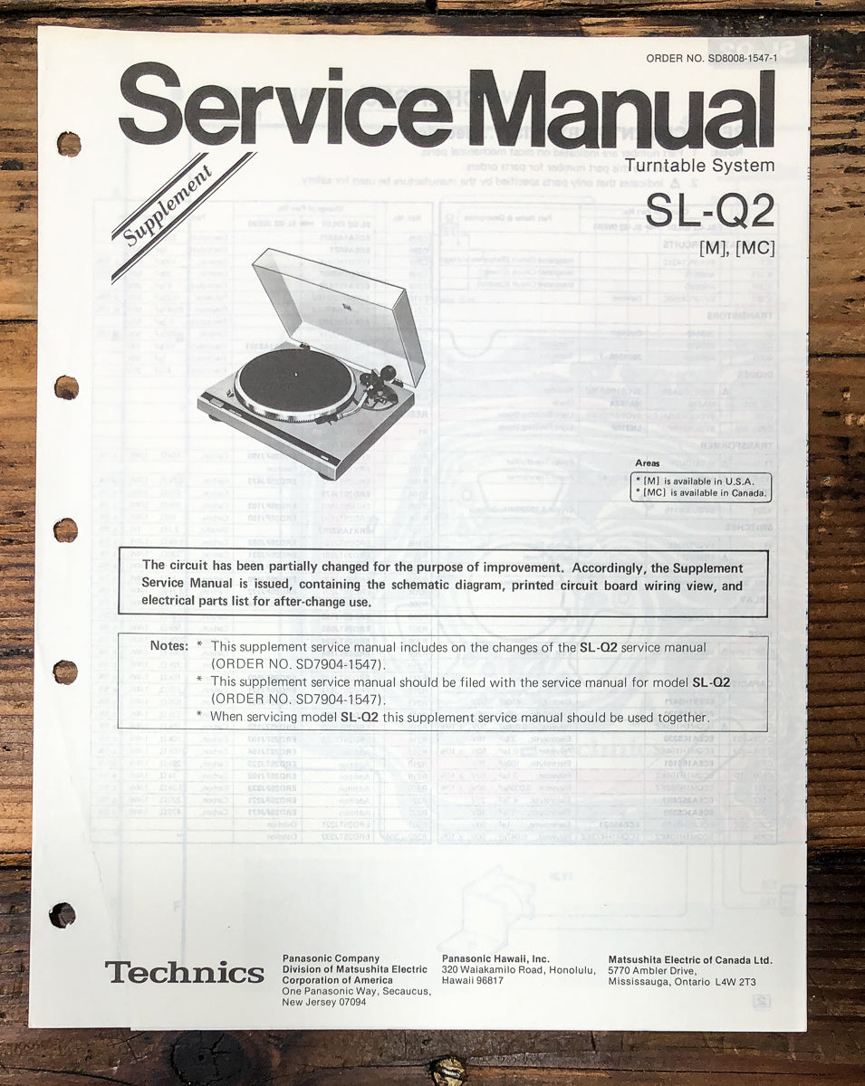 Technics SL-Q2 Record Player / Turntable Supp. Service Manual *Original*