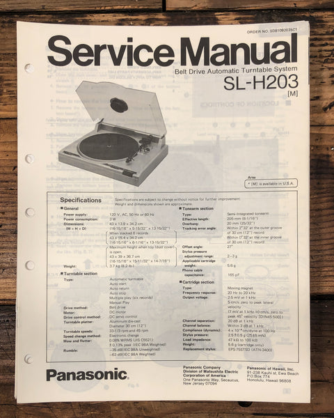 Technics SL-H203 Turntable  Service Manual *Original*